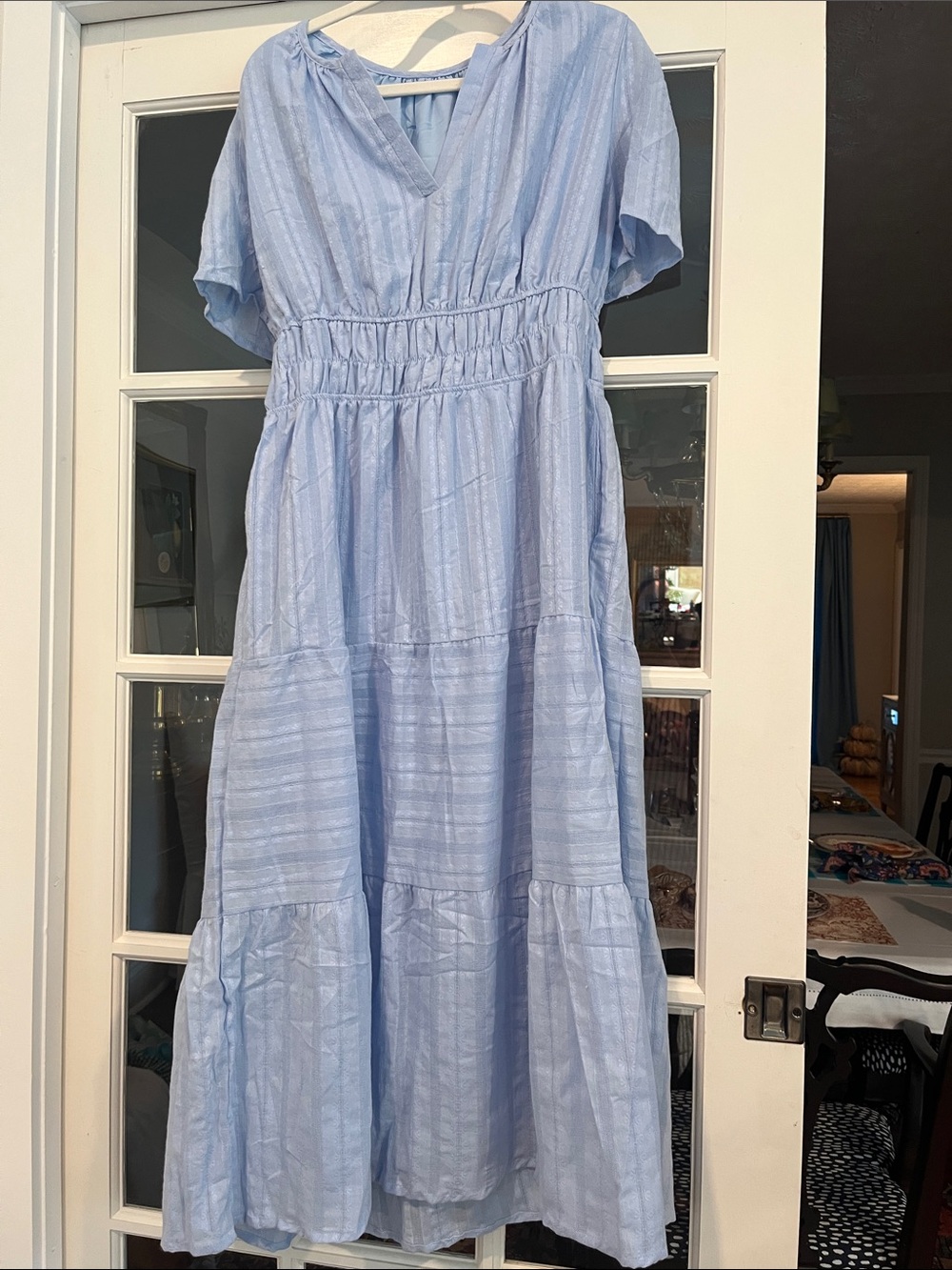 Light Blue Tiered Maxi Dress with V-Neck and Smocked Waist